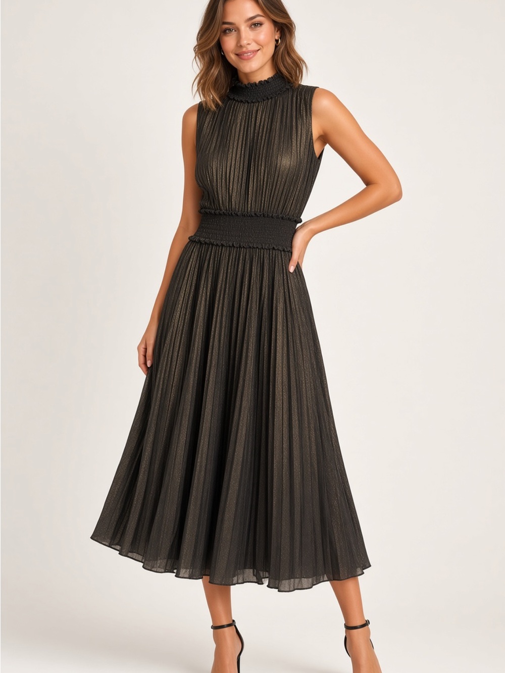 Nanette Lepore Black Metallic-Trim Pleated Midi Dress